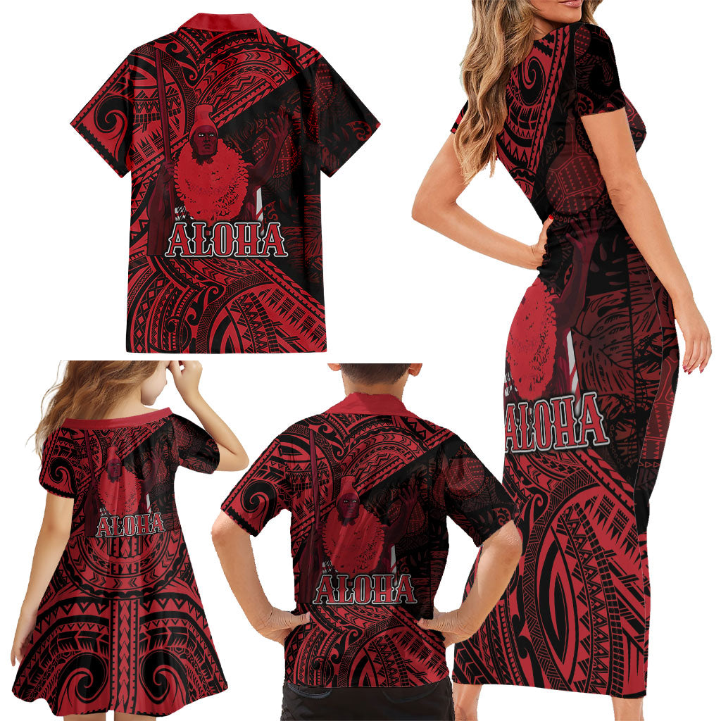 Hawaii King Kamehameha Family Matching Short Sleeve Bodycon Dress and Hawaiian Shirt With Hawaiian Ipu Motifs Red Version