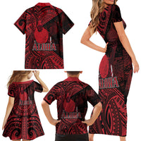 Hawaii King Kamehameha Family Matching Short Sleeve Bodycon Dress and Hawaiian Shirt With Hawaiian Ipu Motifs Red Version