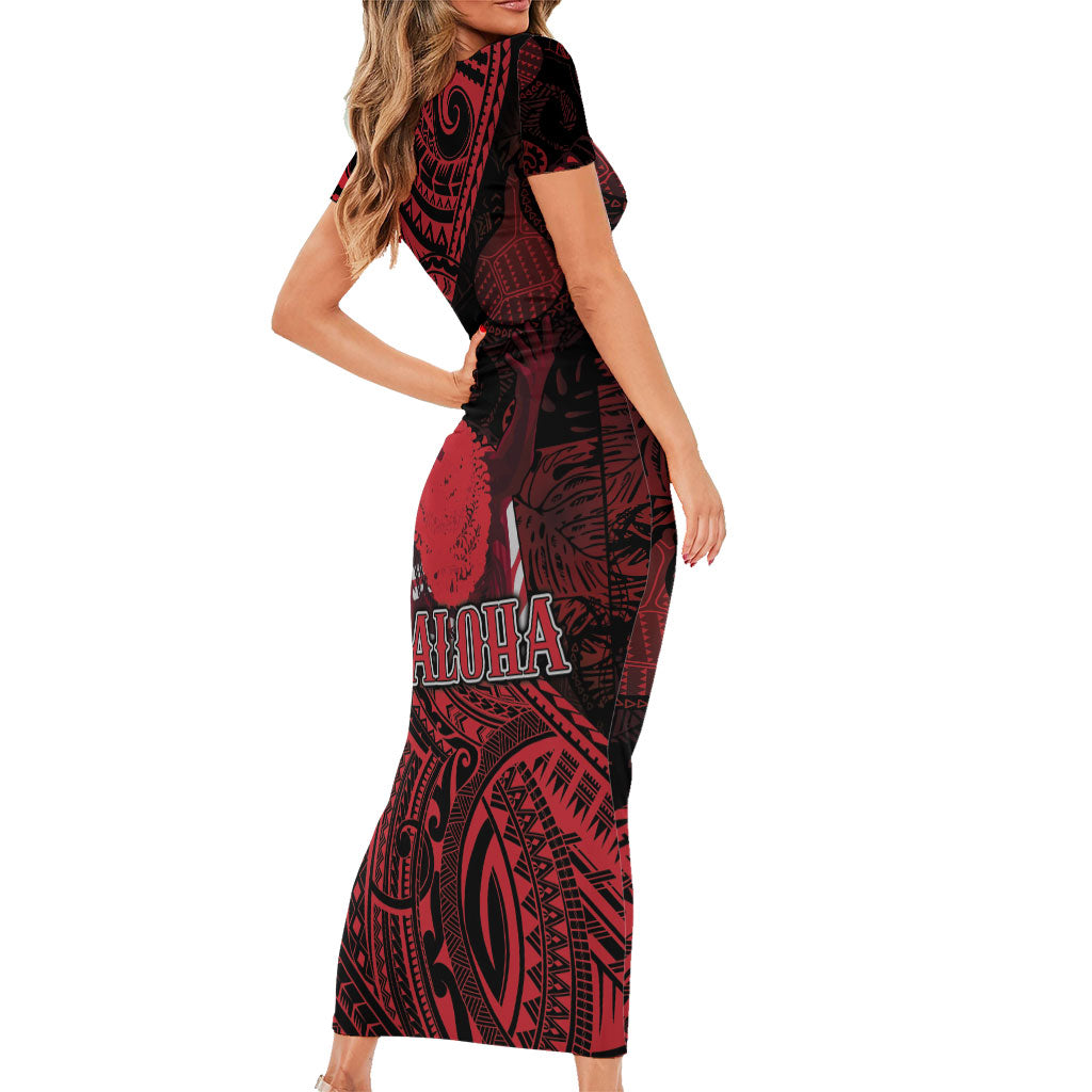 Hawaii King Kamehameha Family Matching Short Sleeve Bodycon Dress and Hawaiian Shirt With Hawaiian Ipu Motifs Red Version