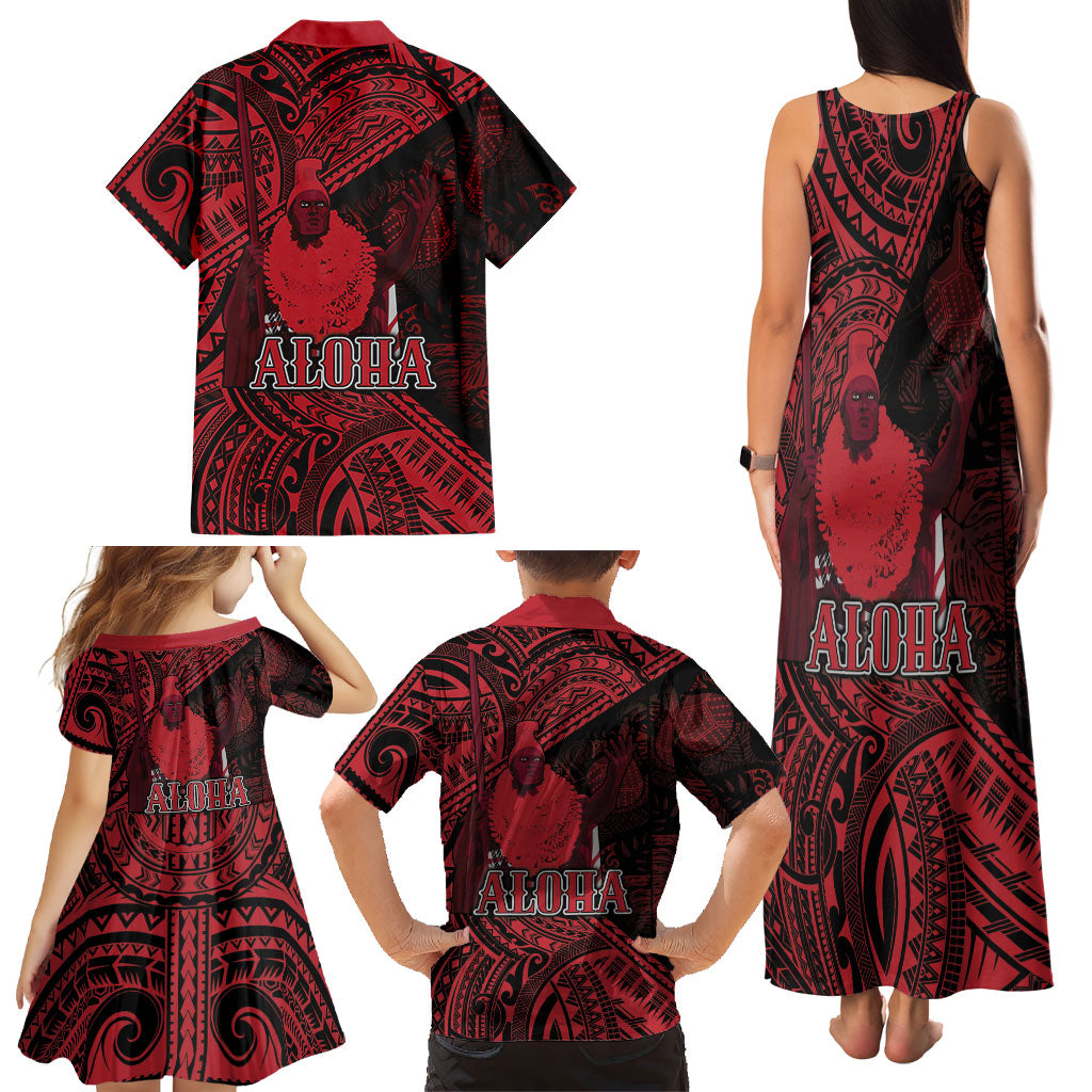Hawaii King Kamehameha Family Matching Tank Maxi Dress and Hawaiian Shirt With Hawaiian Ipu Motifs Red Version