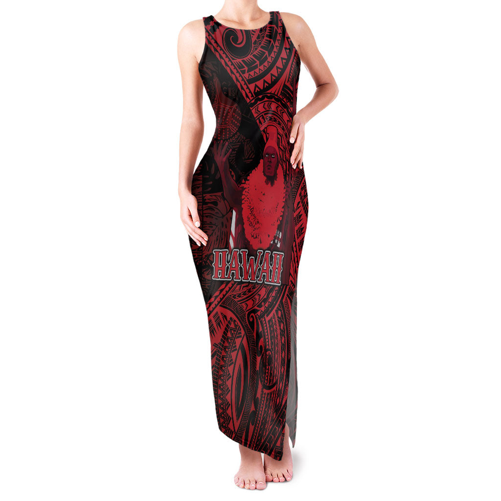 Hawaii King Kamehameha Family Matching Tank Maxi Dress and Hawaiian Shirt With Hawaiian Ipu Motifs Red Version