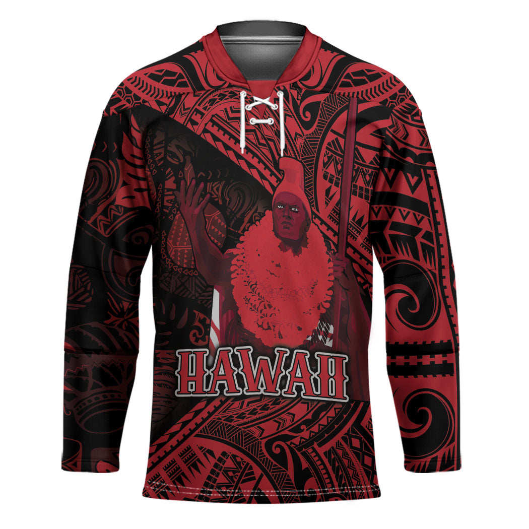 Hawaii King Kamehameha Hockey Jersey With Hawaiian Ipu Motifs Red Version LT05 Unisex Red - Polynesian Pride