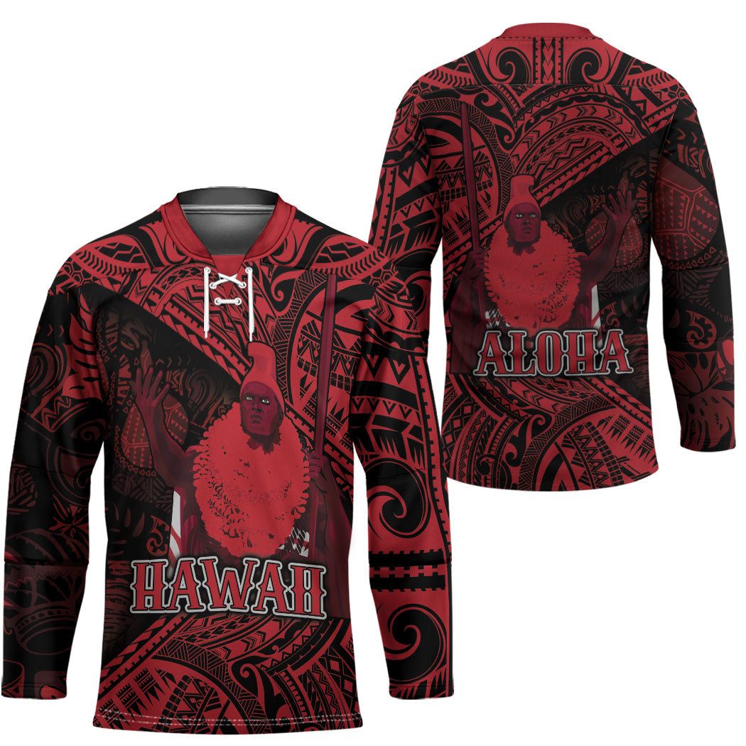 Hawaii King Kamehameha Hockey Jersey With Hawaiian Ipu Motifs Red Version LT05 - Polynesian Pride