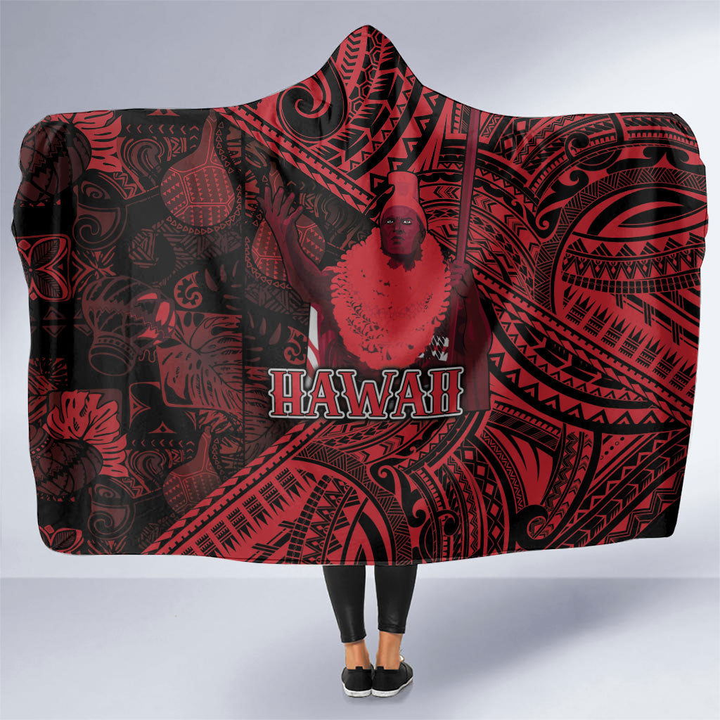 Hawaii King Kamehameha Hooded Blanket With Hawaiian Ipu Motifs Red Version LT05 One Size Red - Polynesian Pride