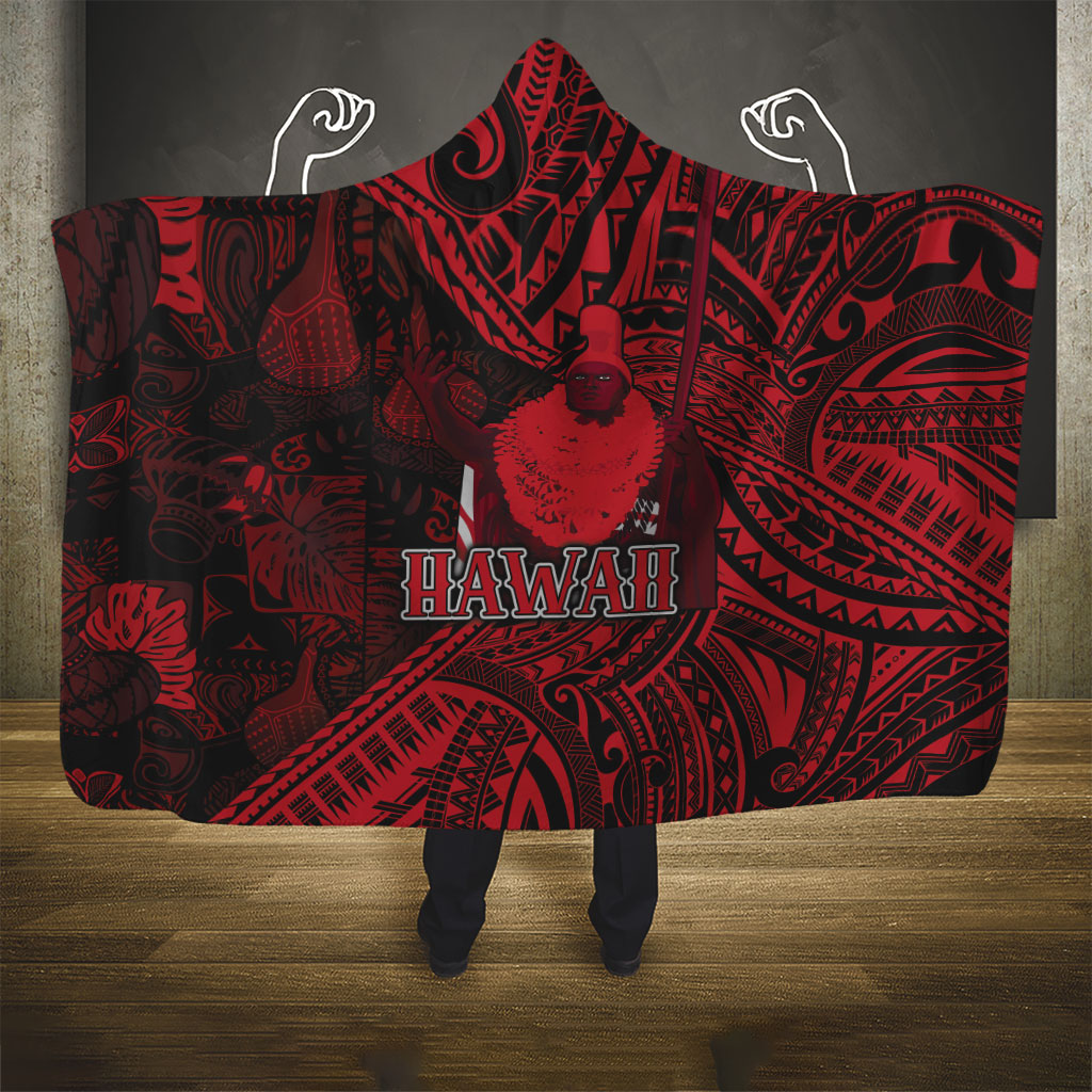 Hawaii King Kamehameha Hooded Blanket With Hawaiian Ipu Motifs Red Version