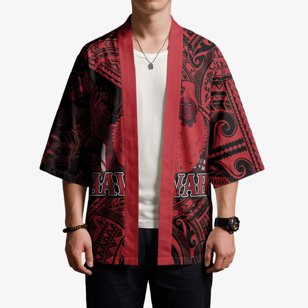 Hawaii King Kamehameha Kimono With Hawaiian Ipu Motifs Red Version