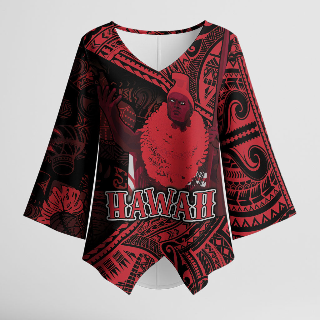 Hawaii King Kamehameha Kimono Sleeve Blouse With Hawaiian Ipu Motifs Red Version LT05 Female Red - Polynesian Pride