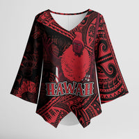 Hawaii King Kamehameha Kimono Sleeve Blouse With Hawaiian Ipu Motifs Red Version LT05 Female Red - Polynesian Pride