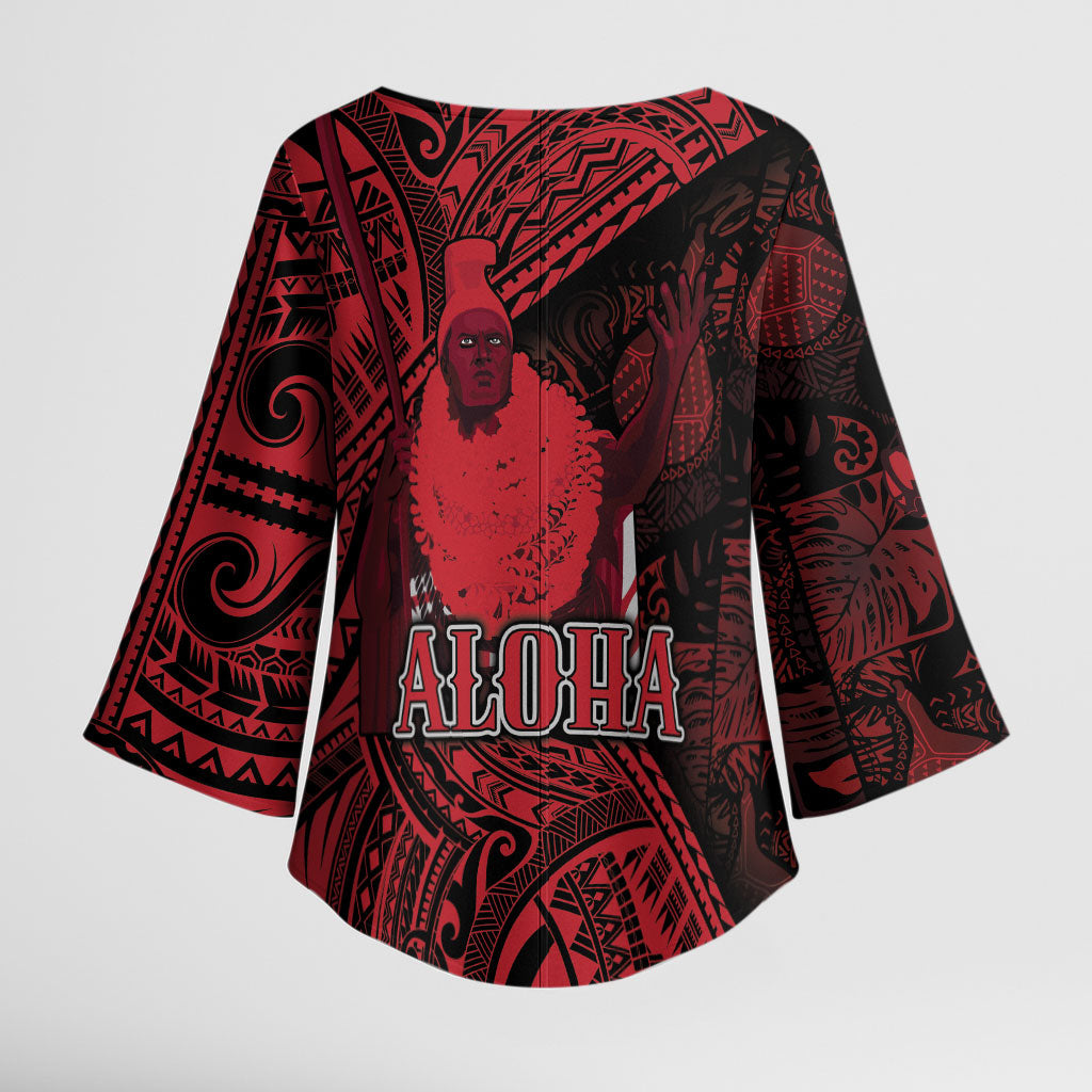 Hawaii King Kamehameha Kimono Sleeve Blouse With Hawaiian Ipu Motifs Red Version LT05 - Polynesian Pride