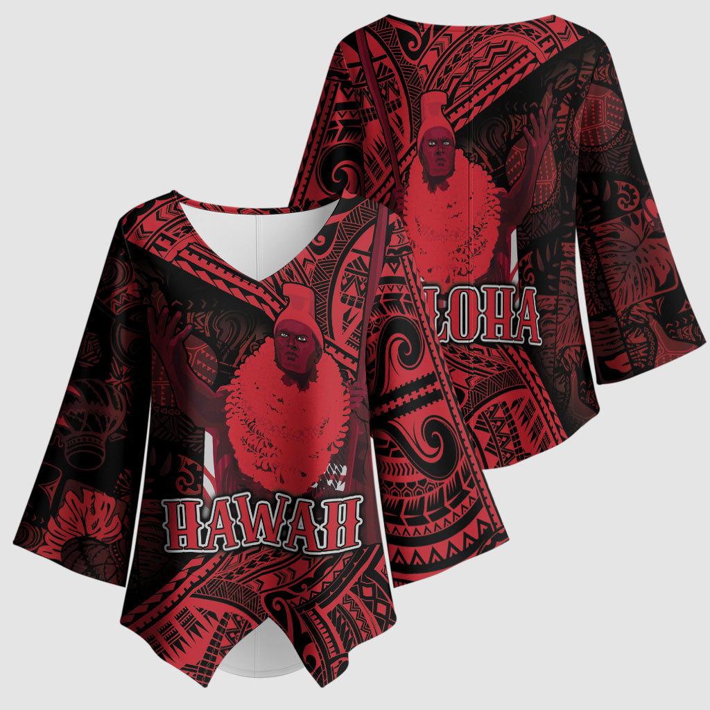 Hawaii King Kamehameha Kimono Sleeve Blouse With Hawaiian Ipu Motifs Red Version LT05 - Polynesian Pride