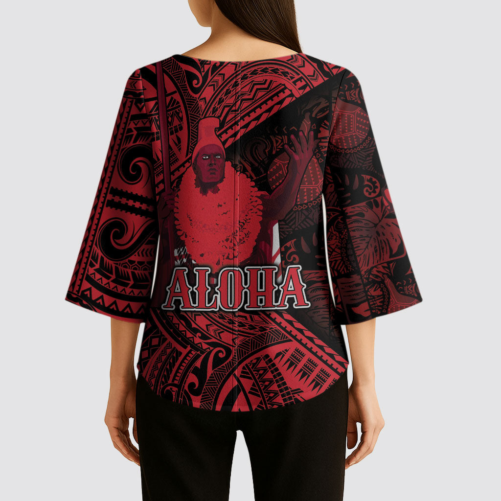 Hawaii King Kamehameha Kimono Sleeve Blouse With Hawaiian Ipu Motifs Red Version LT05 - Polynesian Pride