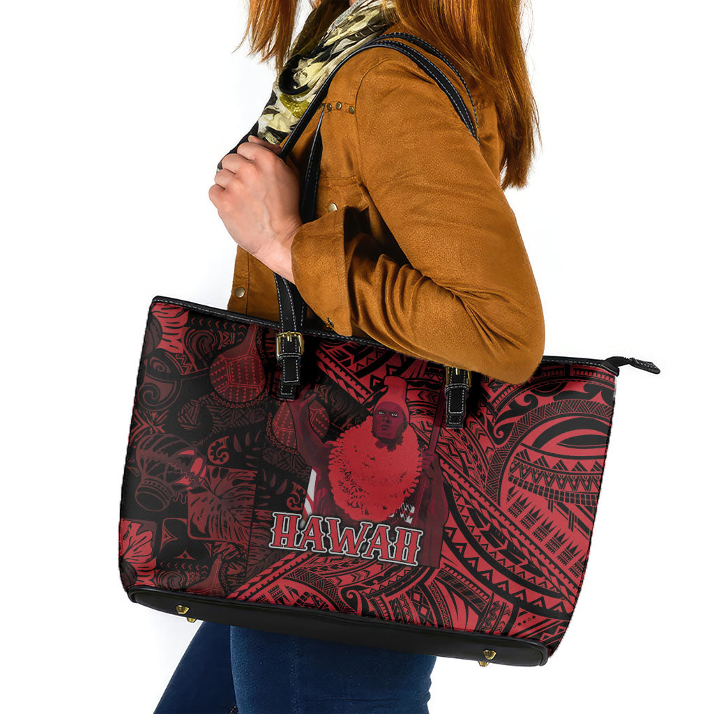 Hawaii King Kamehameha Leather Tote Bag With Hawaiian Ipu Motifs Red Version LT05 Red - Polynesian Pride