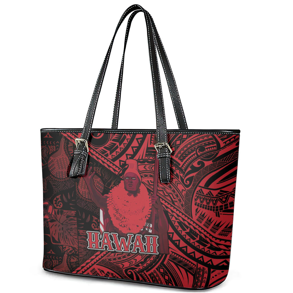 Hawaii King Kamehameha Leather Tote Bag With Hawaiian Ipu Motifs Red Version LT05 - Polynesian Pride