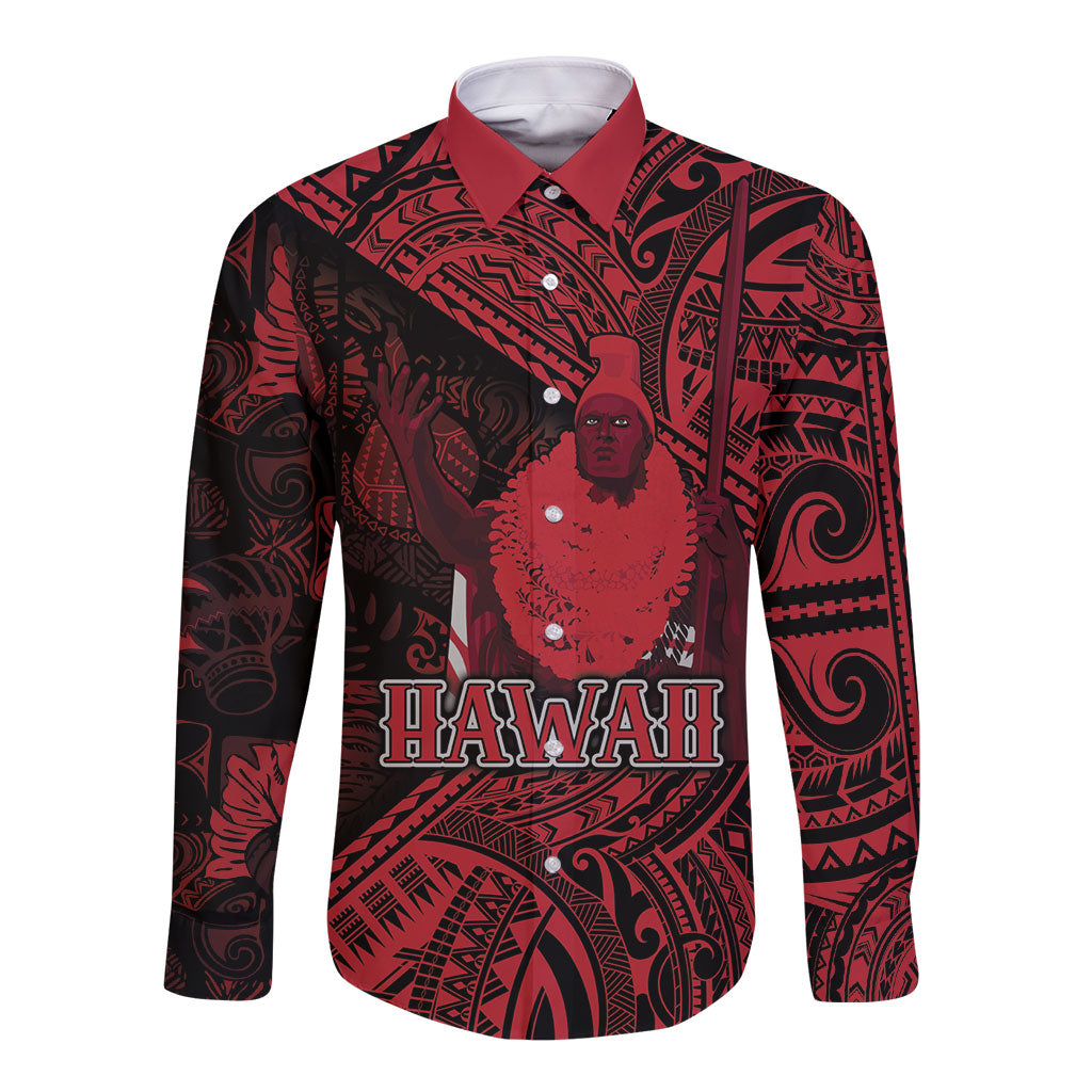 Hawaii King Kamehameha Long Sleeve Button Shirt With Hawaiian Ipu Motifs Red Version LT05 Unisex Red - Polynesian Pride