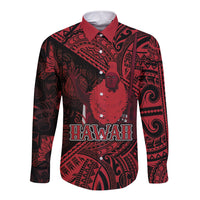 Hawaii King Kamehameha Long Sleeve Button Shirt With Hawaiian Ipu Motifs Red Version LT05 Unisex Red - Polynesian Pride