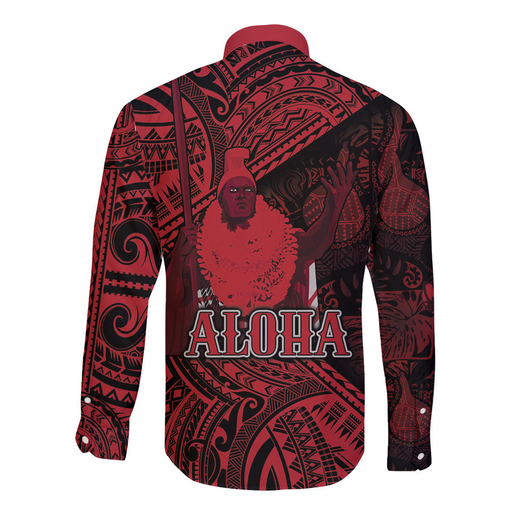 Hawaii King Kamehameha Long Sleeve Button Shirt With Hawaiian Ipu Motifs Red Version LT05 - Polynesian Pride