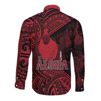 Hawaii King Kamehameha Long Sleeve Button Shirt With Hawaiian Ipu Motifs Red Version LT05 - Polynesian Pride