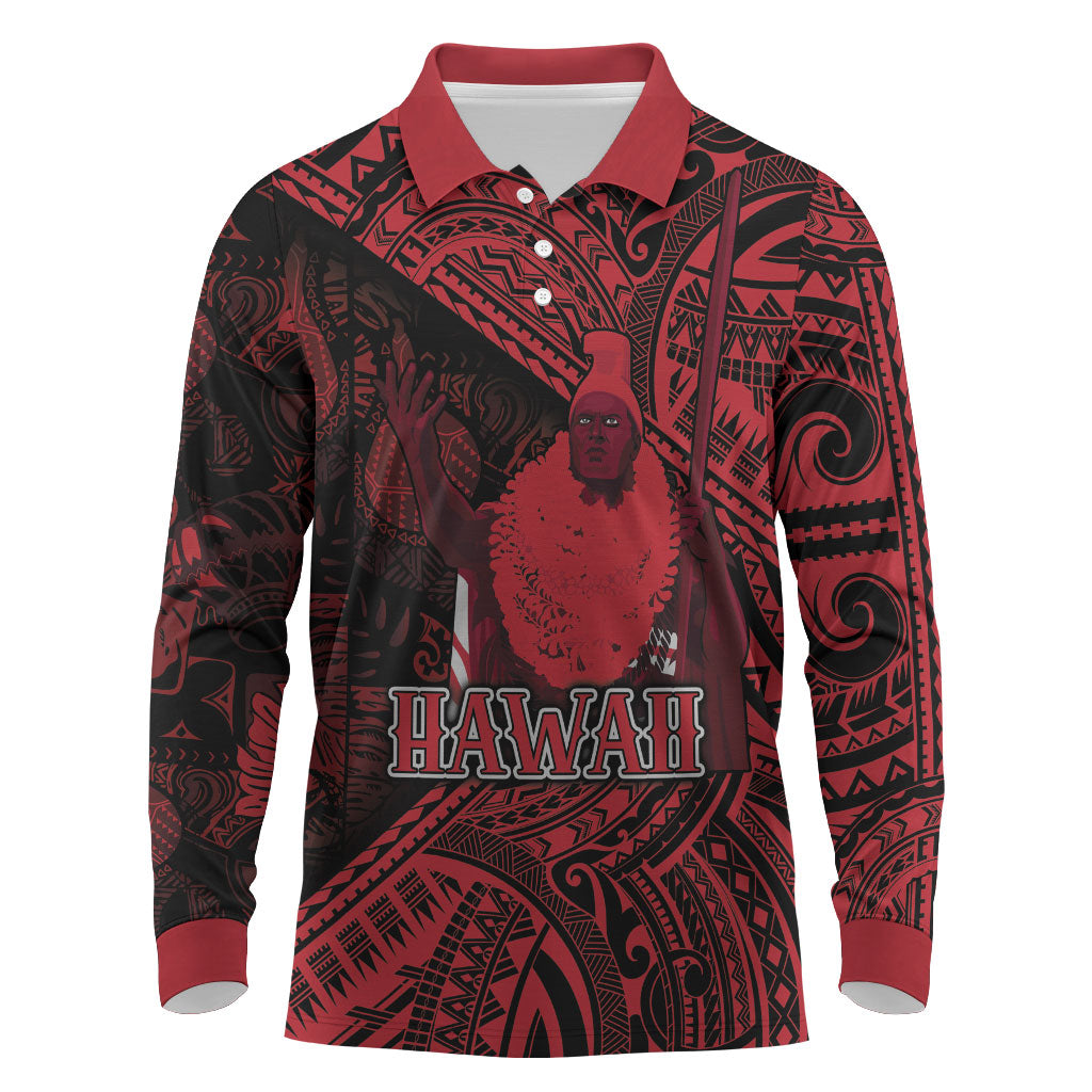 Hawaii King Kamehameha Long Sleeve Polo Shirt With Hawaiian Ipu Motifs Red Version LT05 Red - Polynesian Pride
