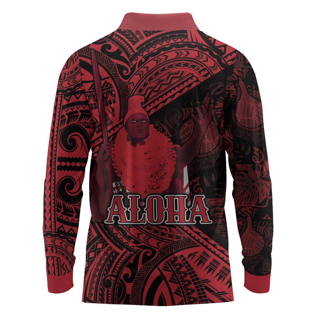 Hawaii King Kamehameha Long Sleeve Polo Shirt With Hawaiian Ipu Motifs Red Version LT05 - Polynesian Pride