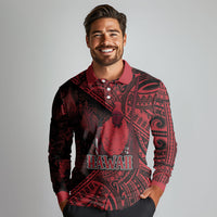 Hawaii King Kamehameha Long Sleeve Polo Shirt With Hawaiian Ipu Motifs Red Version LT05 - Polynesian Pride