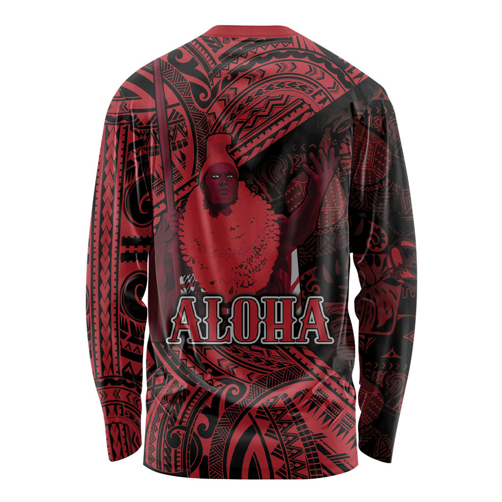 Hawaii King Kamehameha Long Sleeve Shirt With Hawaiian Ipu Motifs Red Version LT05 - Polynesian Pride
