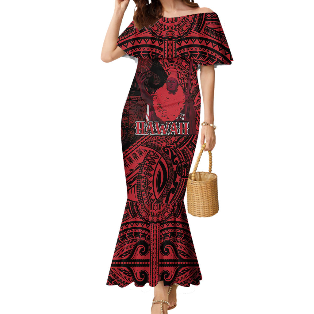 Hawaii King Kamehameha Mermaid Dress With Hawaiian Ipu Motifs Red Version LT05 Women Red - Polynesian Pride