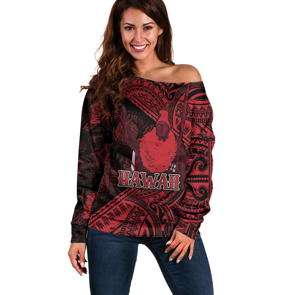 Hawaii King Kamehameha Off Shoulder Sweater With Hawaiian Ipu Motifs Red Version LT05 Women Red - Polynesian Pride