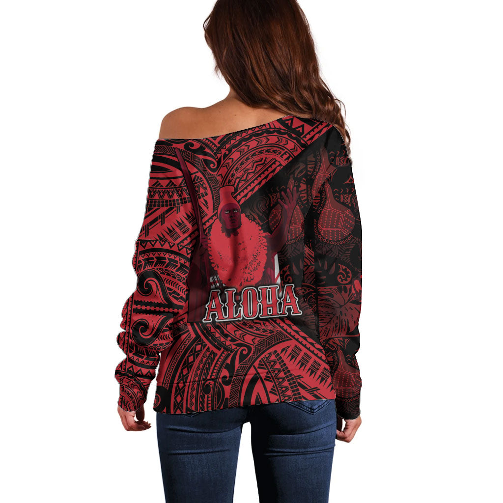 Hawaii King Kamehameha Off Shoulder Sweater With Hawaiian Ipu Motifs Red Version LT05 - Polynesian Pride