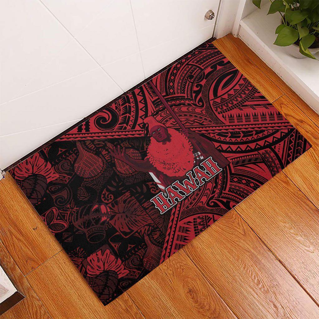 Hawaii King Kamehameha Rubber Doormat With Hawaiian Ipu Motifs Red Version LT05 - Polynesian Pride
