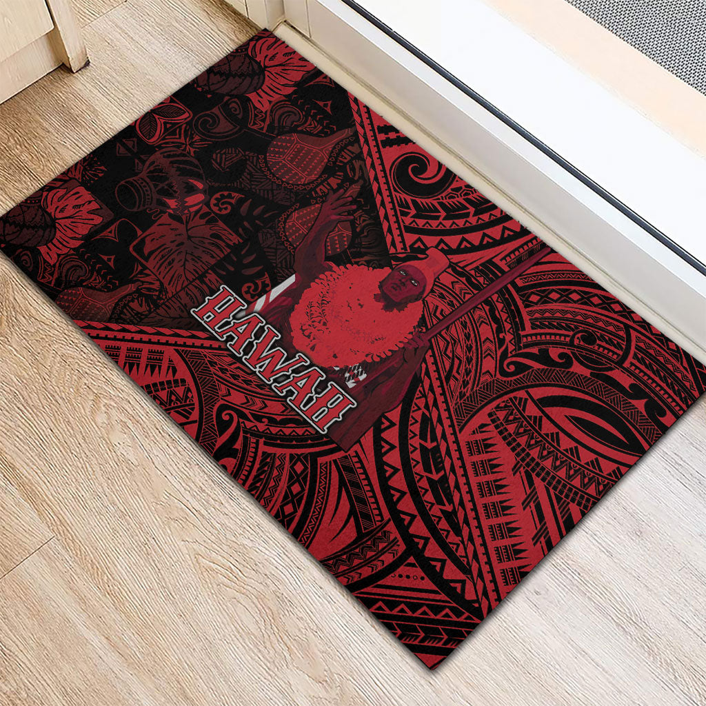 Hawaii King Kamehameha Rubber Doormat With Hawaiian Ipu Motifs Red Version LT05 - Polynesian Pride