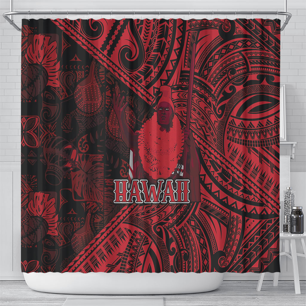 Hawaii King Kamehameha Shower Curtain With Hawaiian Ipu Motifs Red Version LT05 - Polynesian Pride