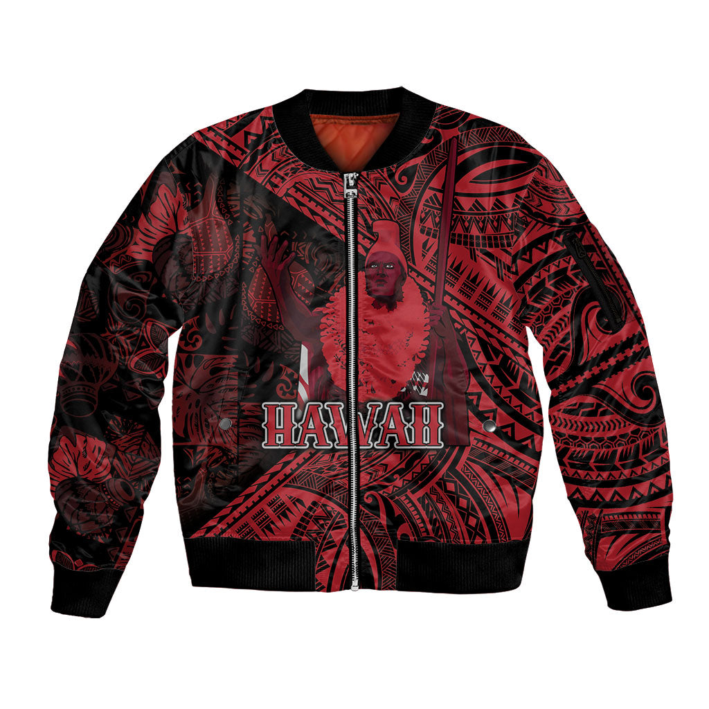 Hawaii King Kamehameha Sleeve Zip Bomber Jacket With Hawaiian Ipu Motifs Red Version LT05 Unisex Red - Polynesian Pride