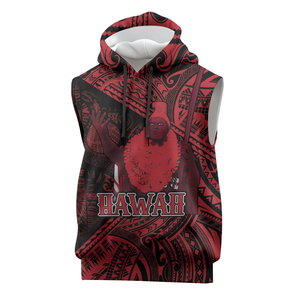Hawaii King Kamehameha Sleeveless Hoodie With Hawaiian Ipu Motifs Red Version LT05 Red - Polynesian Pride