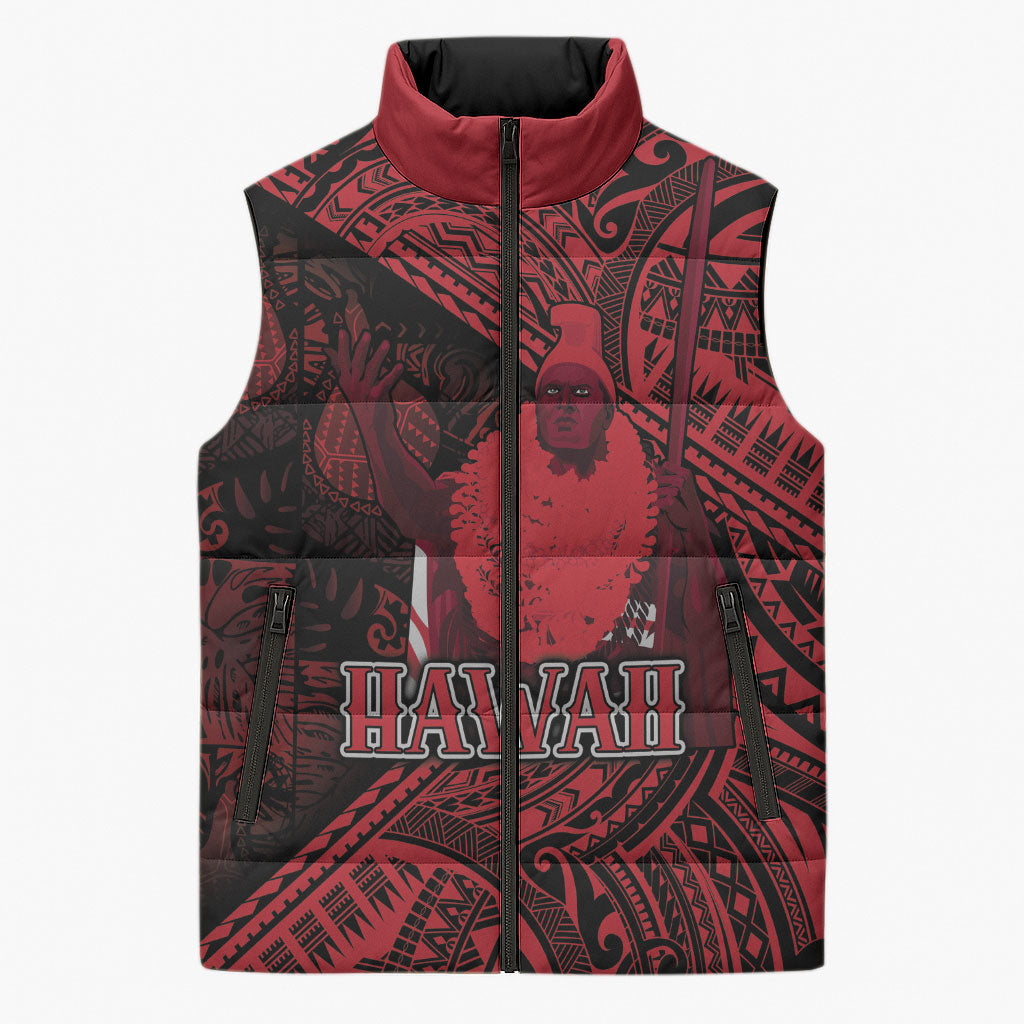 Hawaii King Kamehameha Sleeveless Puffer Jacket With Hawaiian Ipu Motifs Red Version