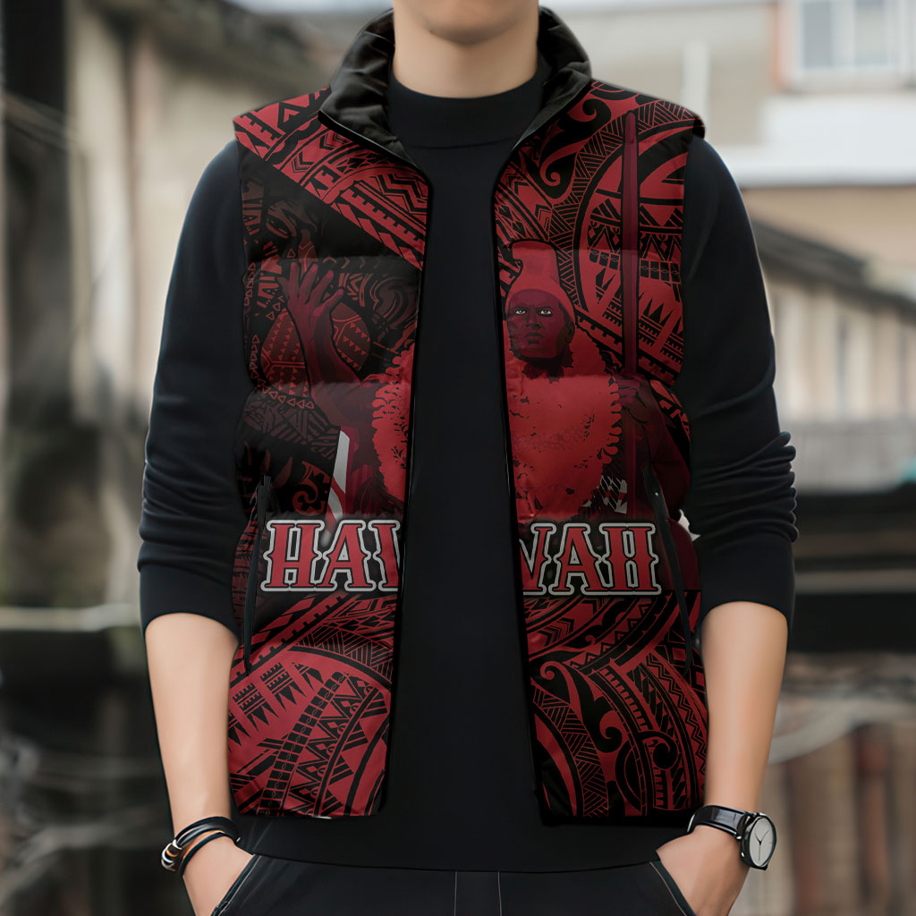 Hawaii King Kamehameha Sleeveless Puffer Jacket With Hawaiian Ipu Motifs Red Version LT05 - Polynesian Pride