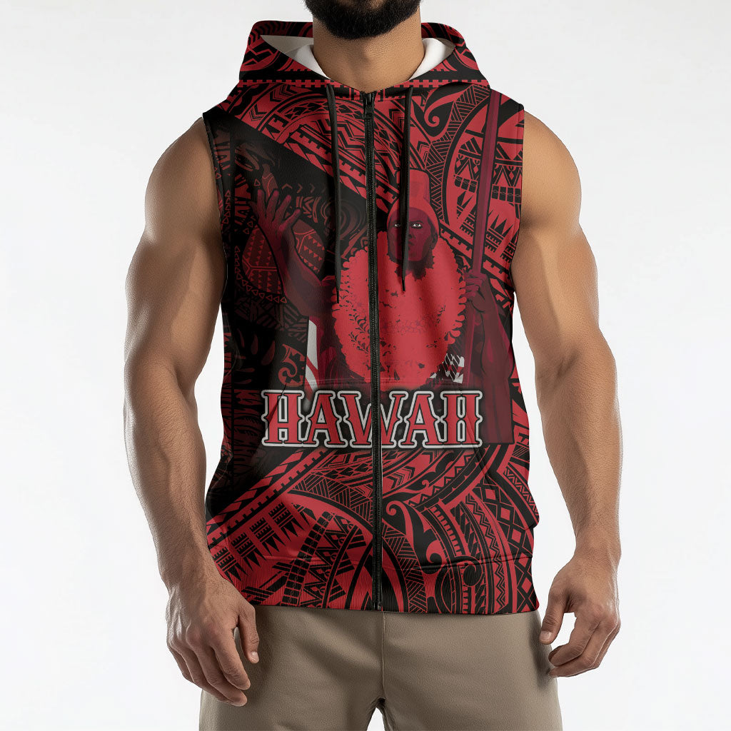 Hawaii King Kamehameha Sleeveless Zip Hoodie With Hawaiian Ipu Motifs Red Version LT05 - Polynesian Pride