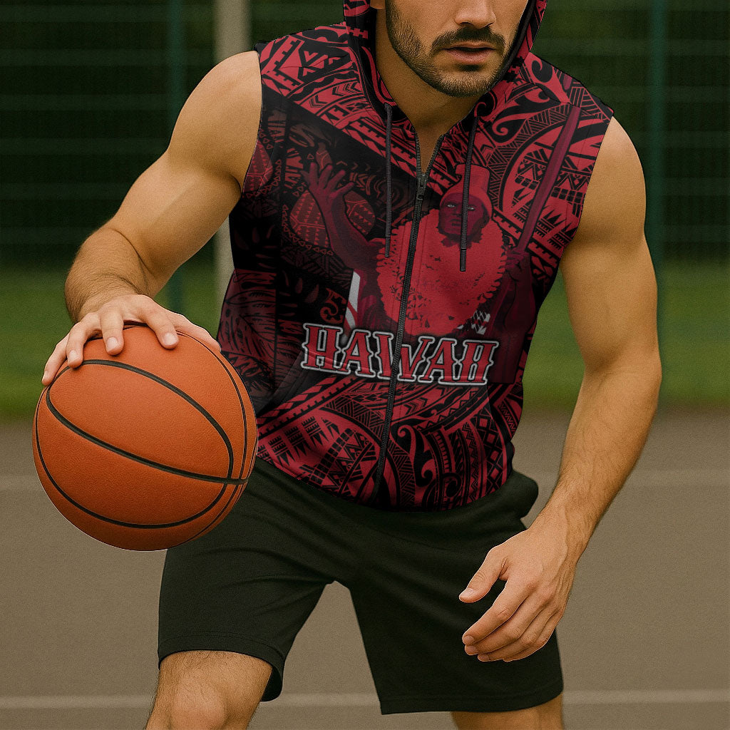 Hawaii King Kamehameha Sleeveless Zip Hoodie With Hawaiian Ipu Motifs Red Version LT05 - Polynesian Pride