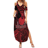 Hawaii King Kamehameha Summer Maxi Dress With Hawaiian Ipu Motifs Red Version