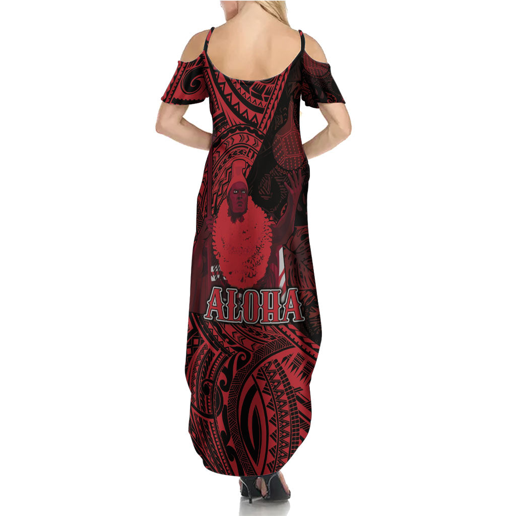 Hawaii King Kamehameha Summer Maxi Dress With Hawaiian Ipu Motifs Red Version