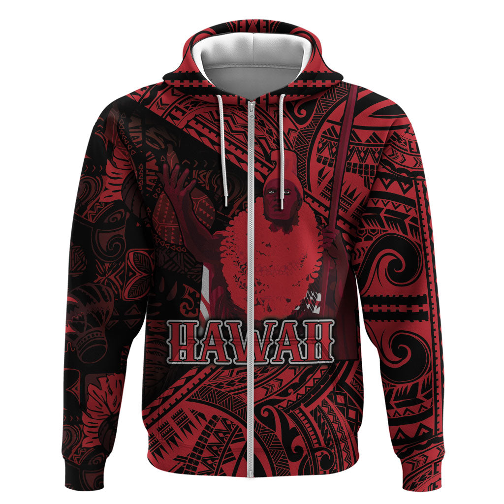 Hawaii King Kamehameha Zip Hoodie With Hawaiian Ipu Motifs Red Version LT05 Zip Hoodie Red - Polynesian Pride