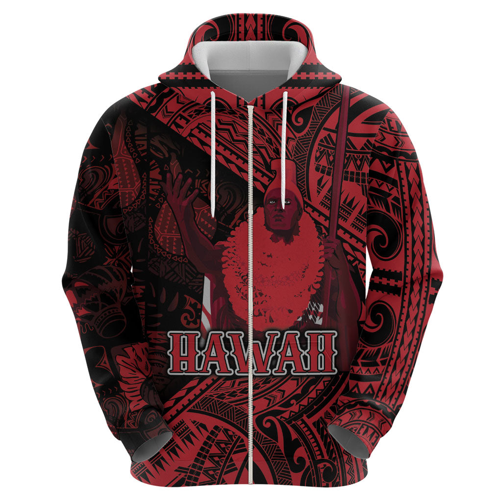 Hawaii King Kamehameha Zip Hoodie With Hawaiian Ipu Motifs Red Version