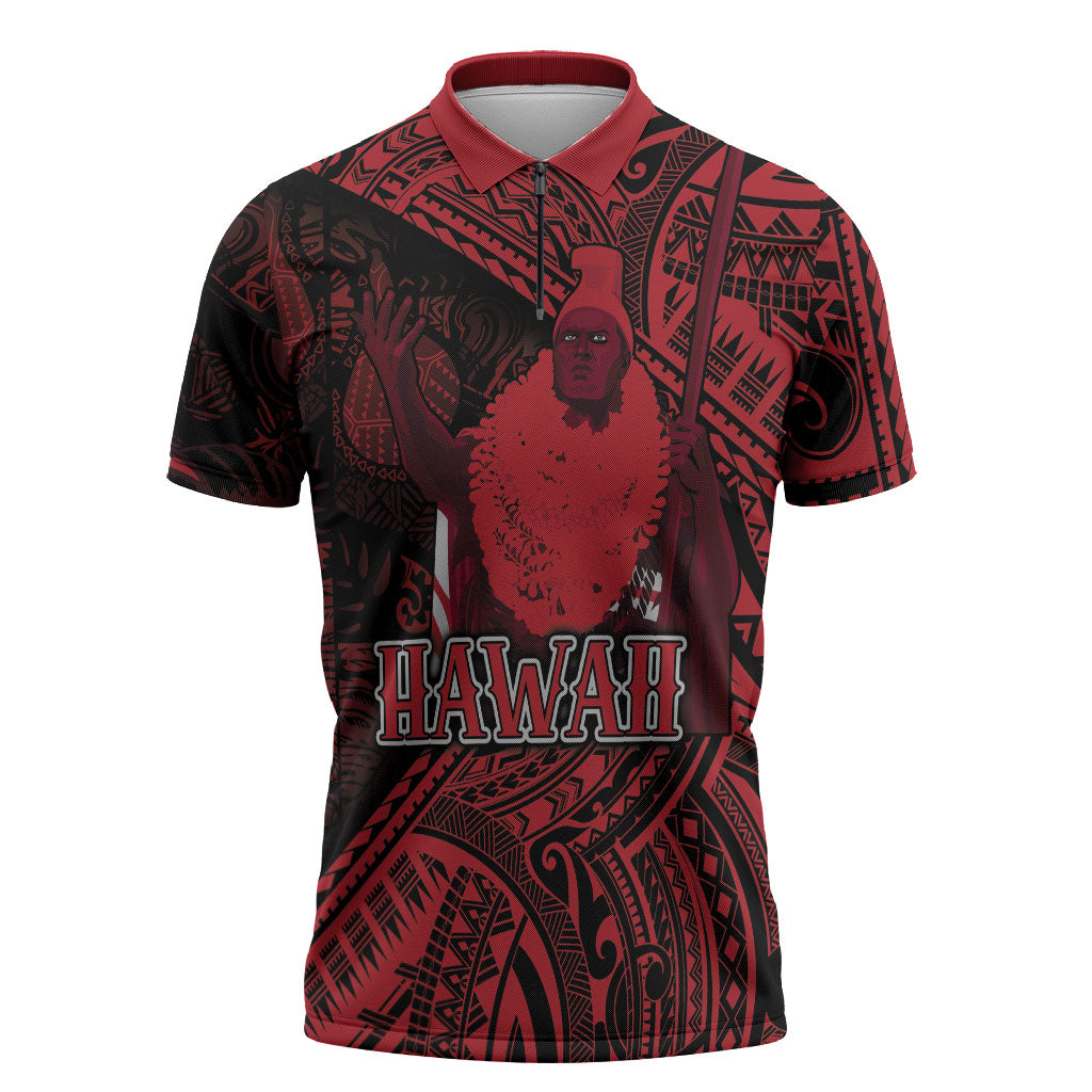 Hawaii King Kamehameha Zipper Polo Shirt With Hawaiian Ipu Motifs Red Version LT05 Red - Polynesian Pride