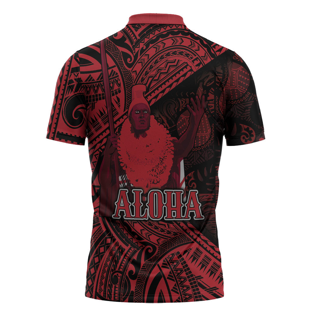 Hawaii King Kamehameha Zipper Polo Shirt With Hawaiian Ipu Motifs Red Version LT05 - Polynesian Pride