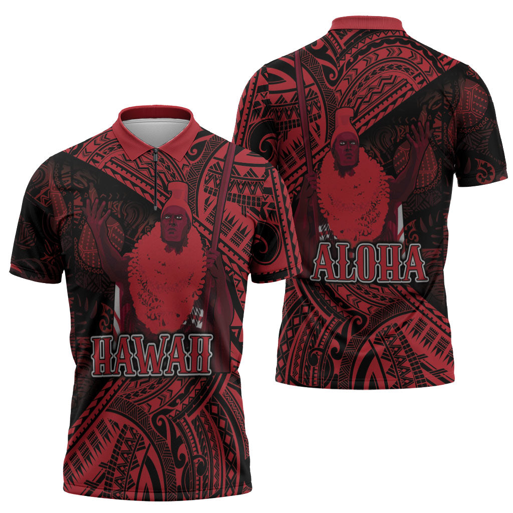 Hawaii King Kamehameha Zipper Polo Shirt With Hawaiian Ipu Motifs Red Version LT05 - Polynesian Pride