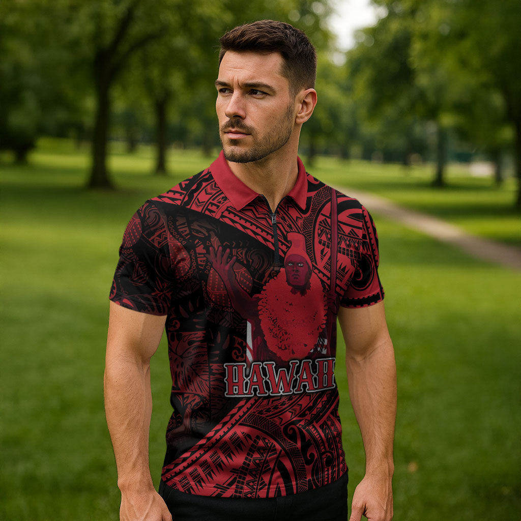 Hawaii King Kamehameha Zipper Polo Shirt With Hawaiian Ipu Motifs Red Version LT05 - Polynesian Pride