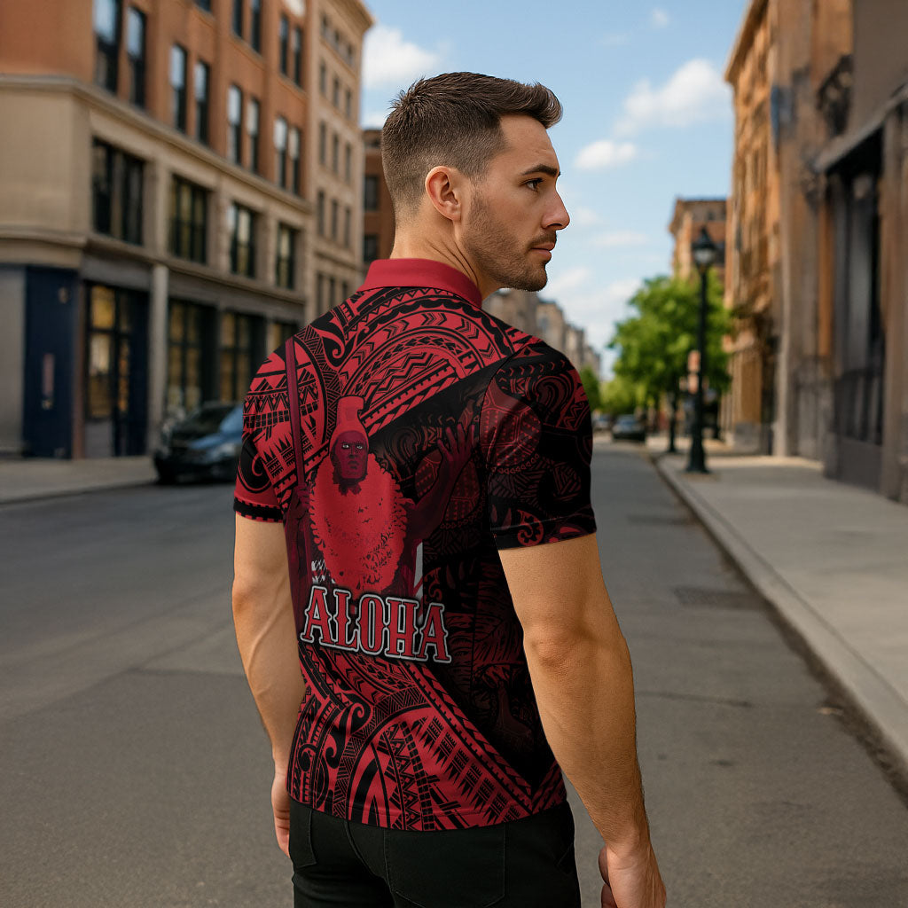 Hawaii King Kamehameha Zipper Polo Shirt With Hawaiian Ipu Motifs Red Version LT05 - Polynesian Pride