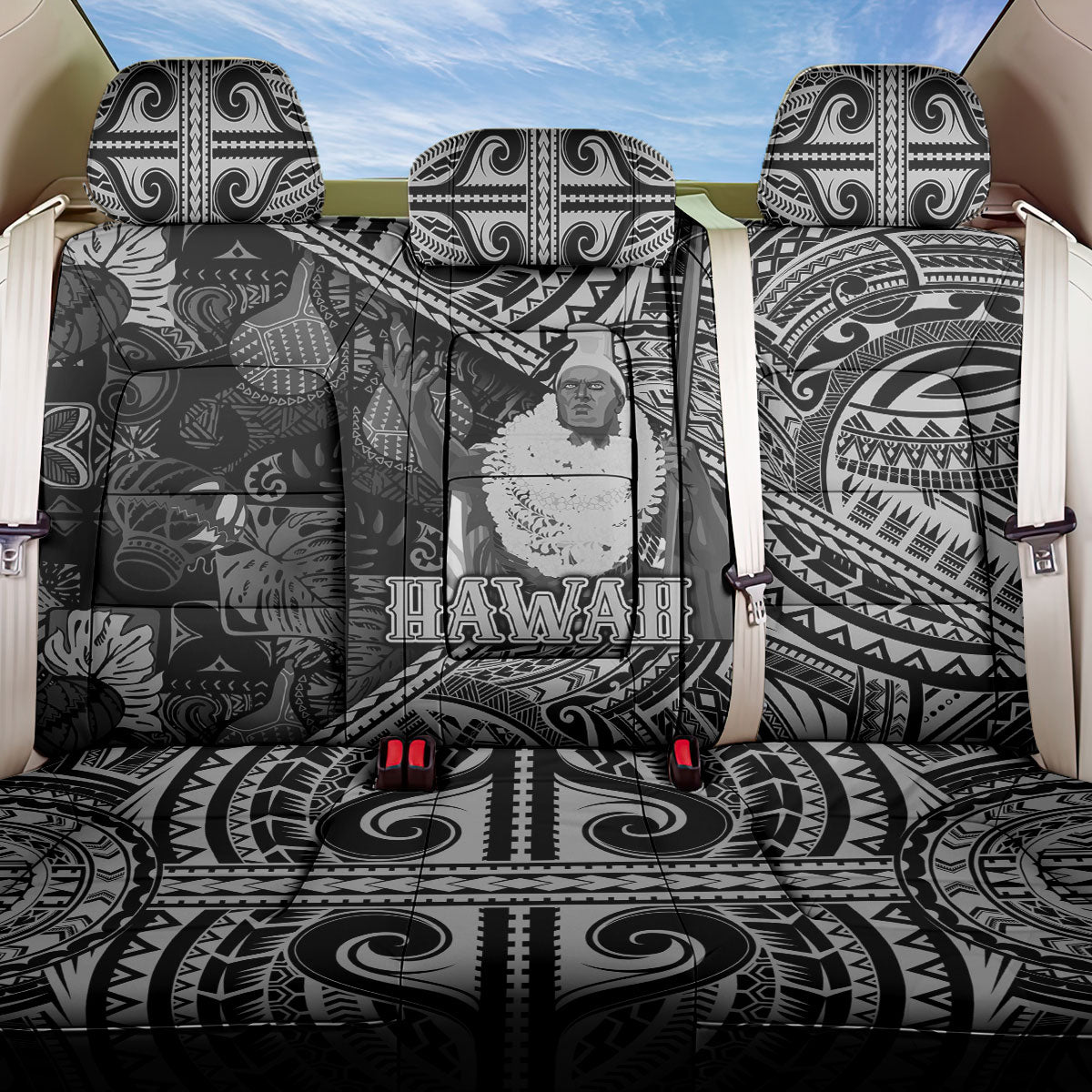 Hawaii King Kamehameha Back Car Seat Cover With Hawaiian Ipu Motifs Black Version LT05 One Size Black - Polynesian Pride