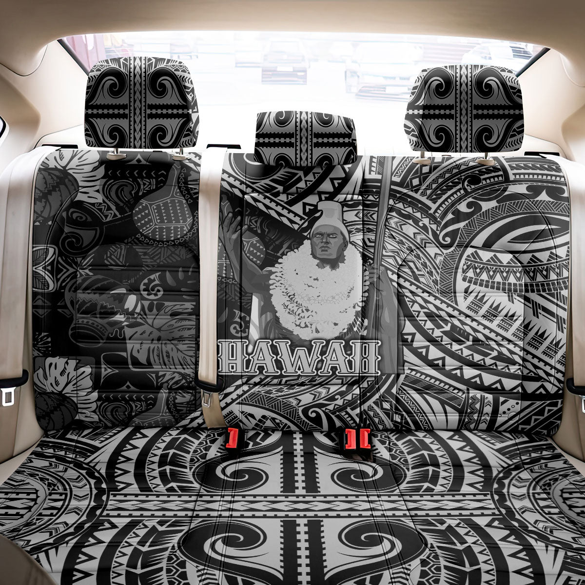 Hawaii King Kamehameha Back Car Seat Cover With Hawaiian Ipu Motifs Black Version LT05 - Polynesian Pride