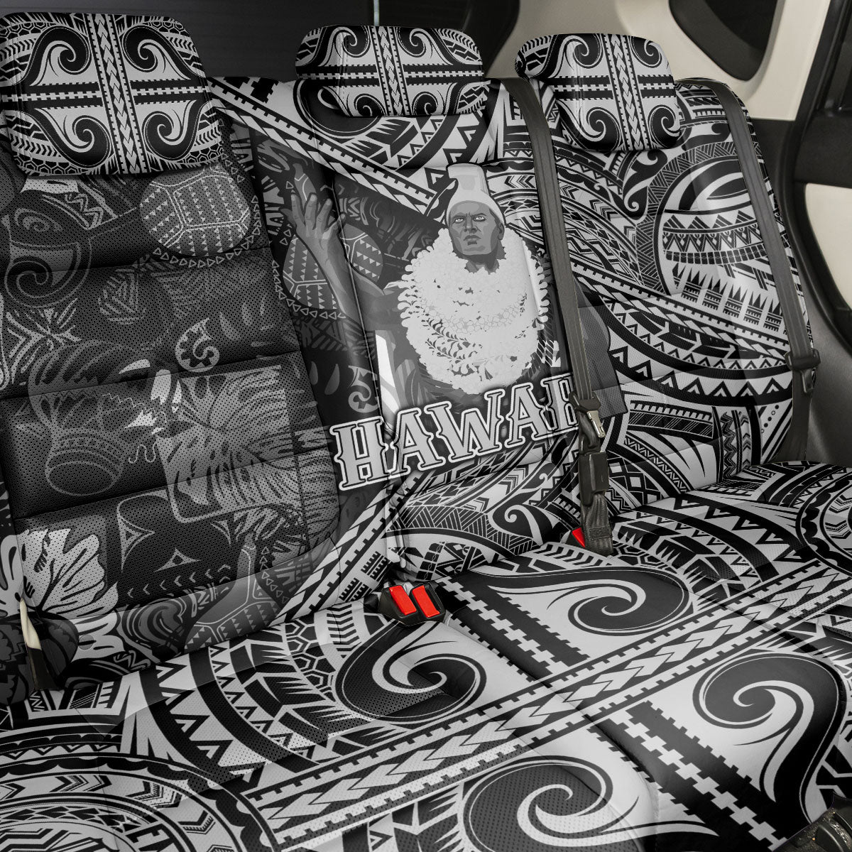 Hawaii King Kamehameha Back Car Seat Cover With Hawaiian Ipu Motifs Black Version LT05 - Polynesian Pride