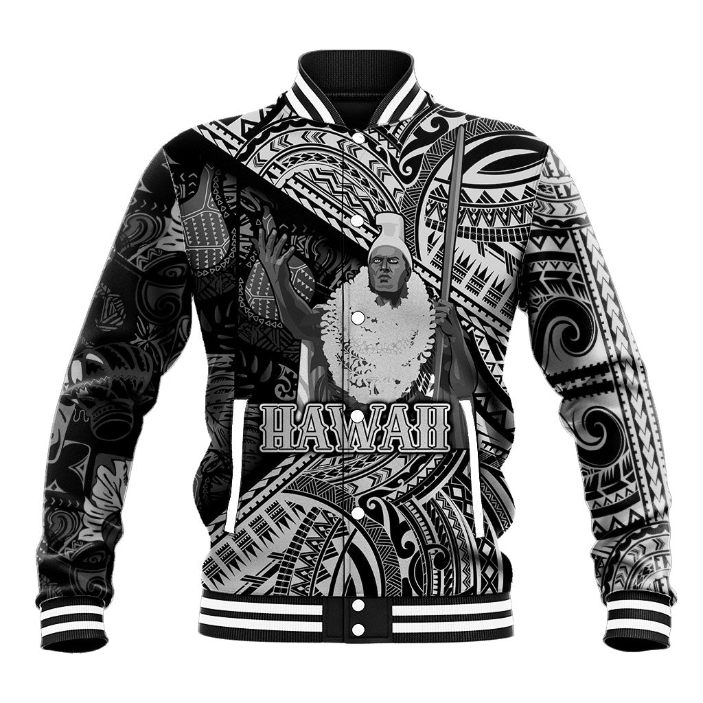 Hawaii King Kamehameha Baseball Jacket With Hawaiian Ipu Motifs Black Version LT05 Unisex Black - Polynesian Pride